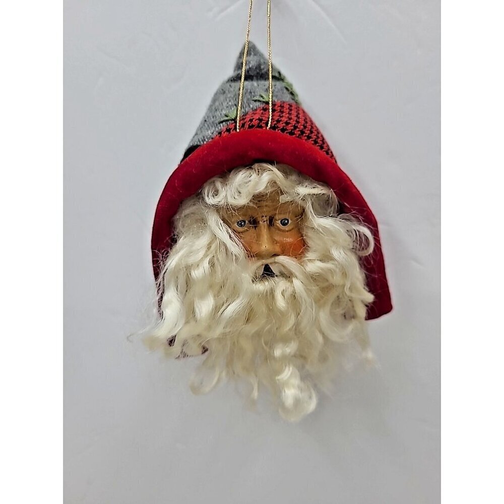 Old World Santa Head Saint Nick Ornament Painted Face Details Patchwork Hood
